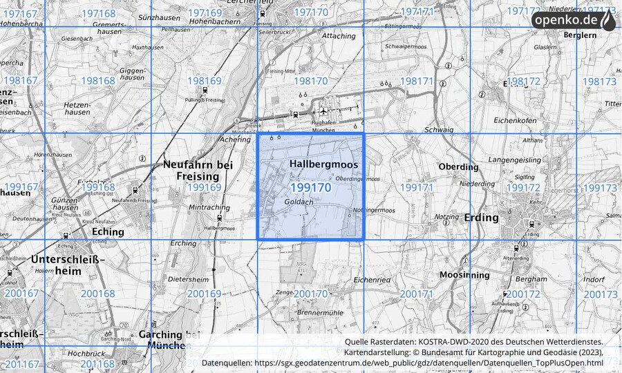 Übersichtskarte des KOSTRA-DWD-2020-Rasterfeldes Nr. 199170