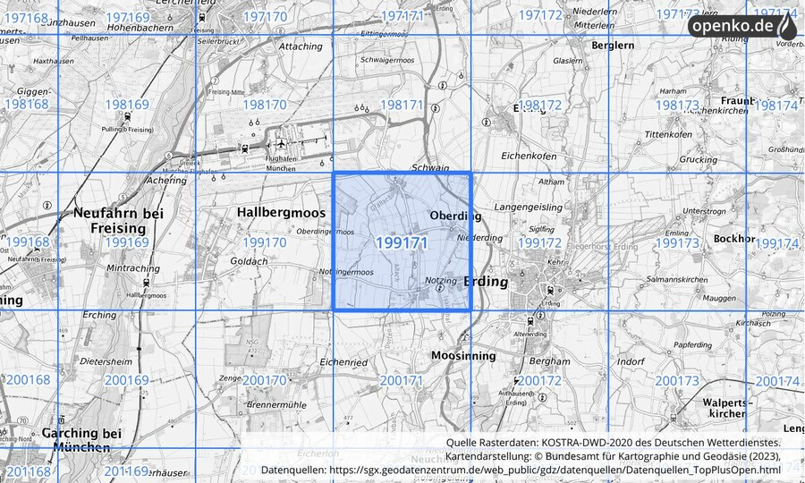 Übersichtskarte des KOSTRA-DWD-2020-Rasterfeldes Nr. 199171