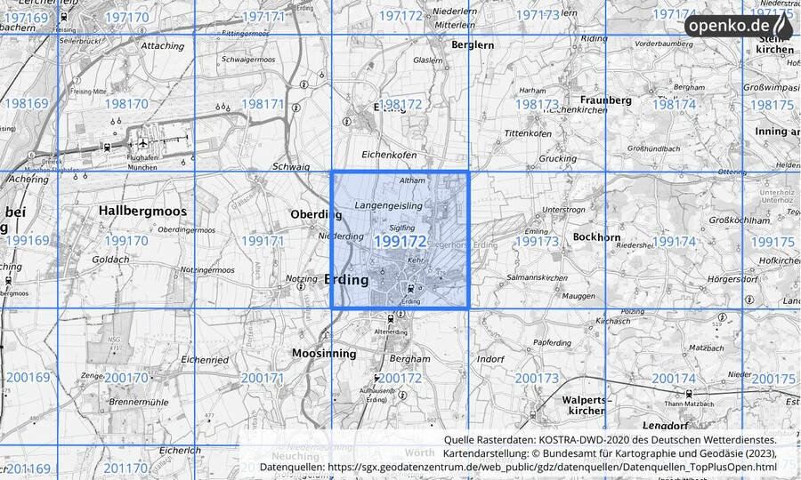 Übersichtskarte des KOSTRA-DWD-2020-Rasterfeldes Nr. 199172