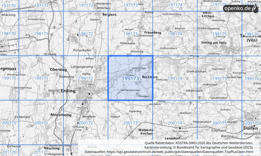 Übersichtskarte des KOSTRA-DWD-2020-Rasterfeldes Nr. 199173