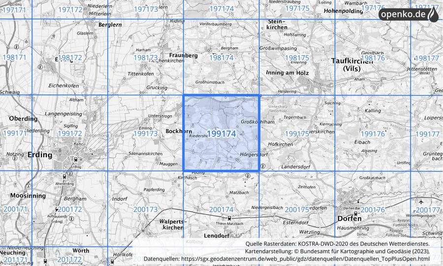Übersichtskarte des KOSTRA-DWD-2020-Rasterfeldes Nr. 199174