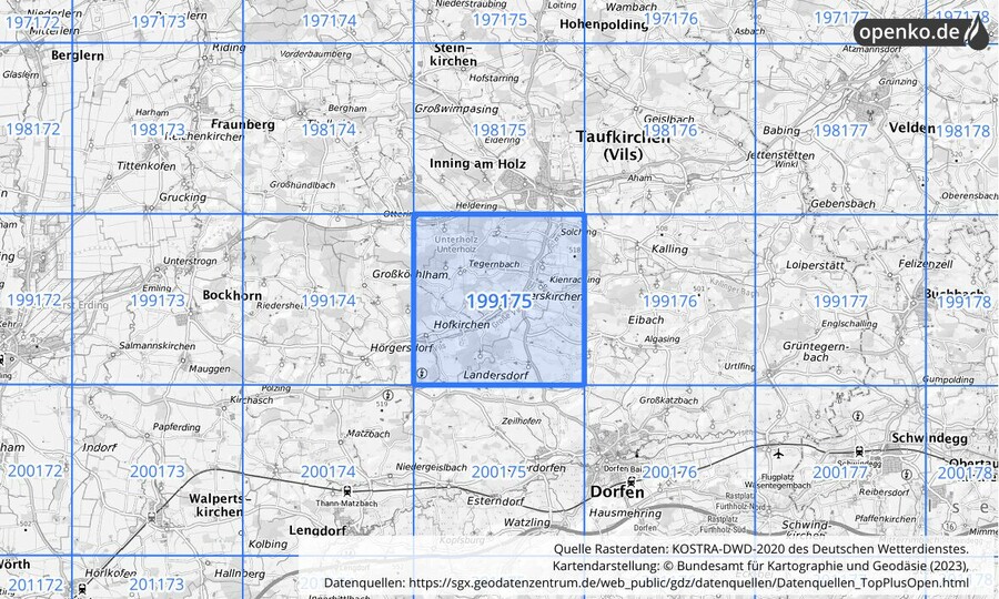 Übersichtskarte des KOSTRA-DWD-2020-Rasterfeldes Nr. 199175