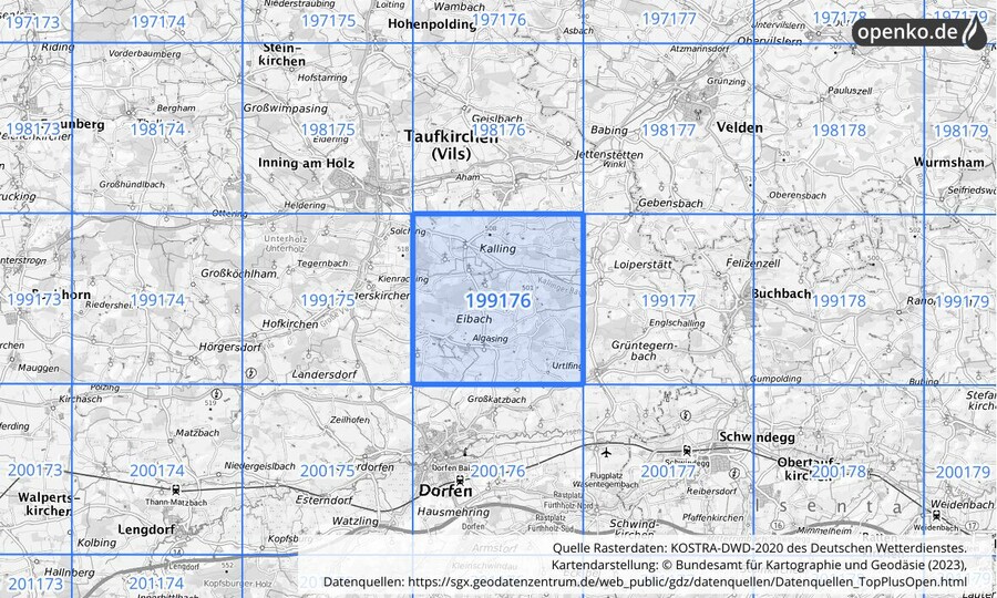Übersichtskarte des KOSTRA-DWD-2020-Rasterfeldes Nr. 199176