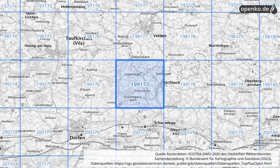 Übersichtskarte des KOSTRA-DWD-2020-Rasterfeldes Nr. 199177