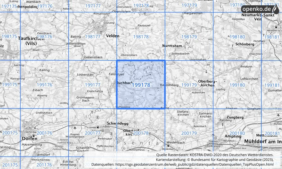 Übersichtskarte des KOSTRA-DWD-2020-Rasterfeldes Nr. 199178