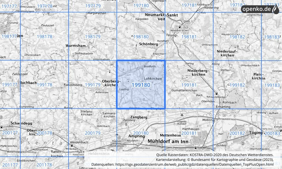 Übersichtskarte des KOSTRA-DWD-2020-Rasterfeldes Nr. 199180