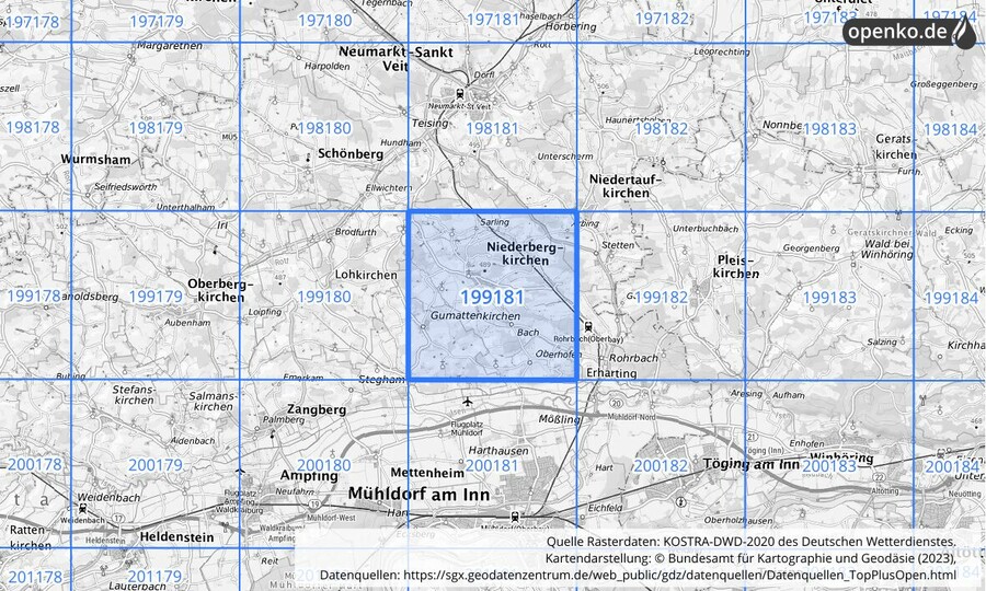 Übersichtskarte des KOSTRA-DWD-2020-Rasterfeldes Nr. 199181