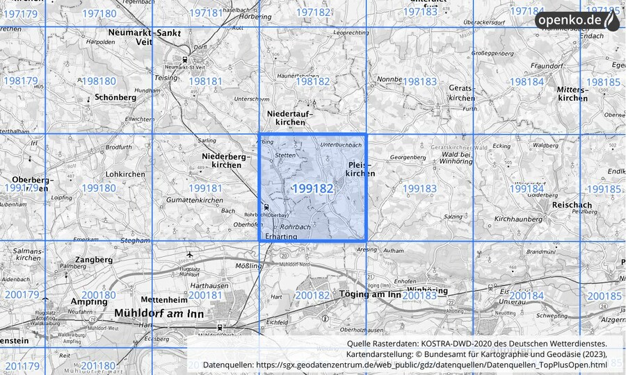 Übersichtskarte des KOSTRA-DWD-2020-Rasterfeldes Nr. 199182
