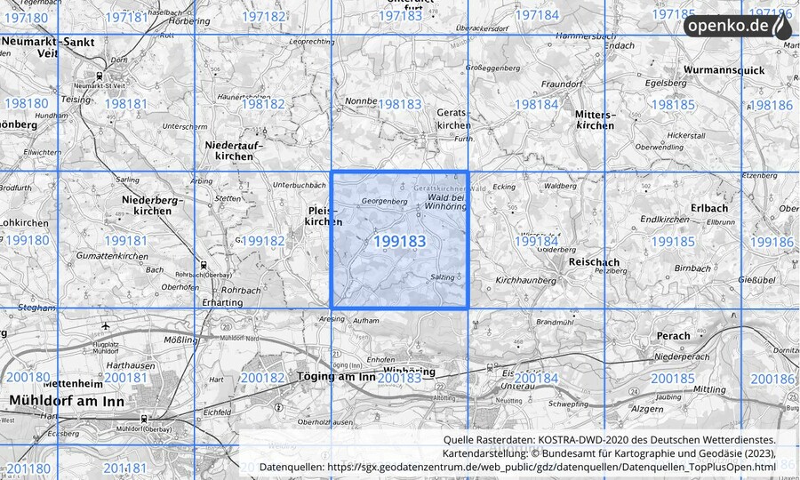 Übersichtskarte des KOSTRA-DWD-2020-Rasterfeldes Nr. 199183
