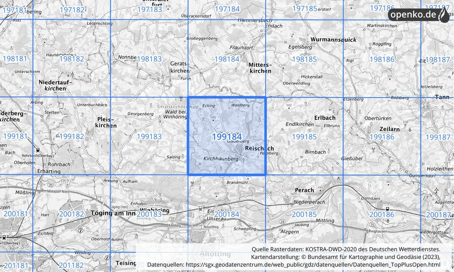 Übersichtskarte des KOSTRA-DWD-2020-Rasterfeldes Nr. 199184