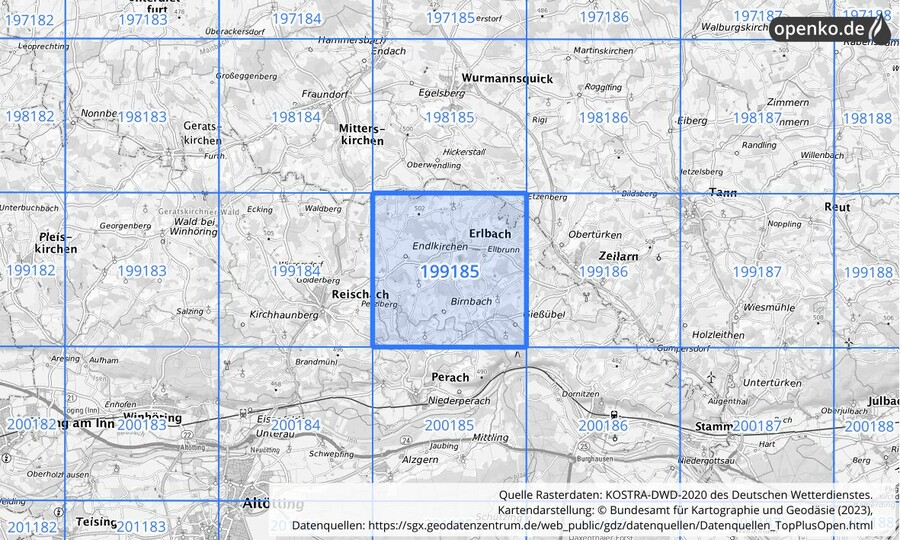 Übersichtskarte des KOSTRA-DWD-2020-Rasterfeldes Nr. 199185