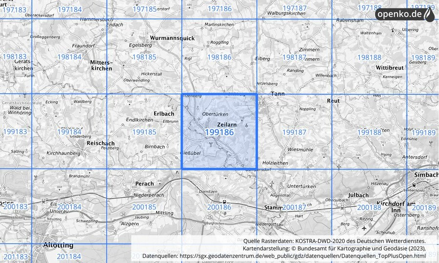 Übersichtskarte des KOSTRA-DWD-2020-Rasterfeldes Nr. 199186