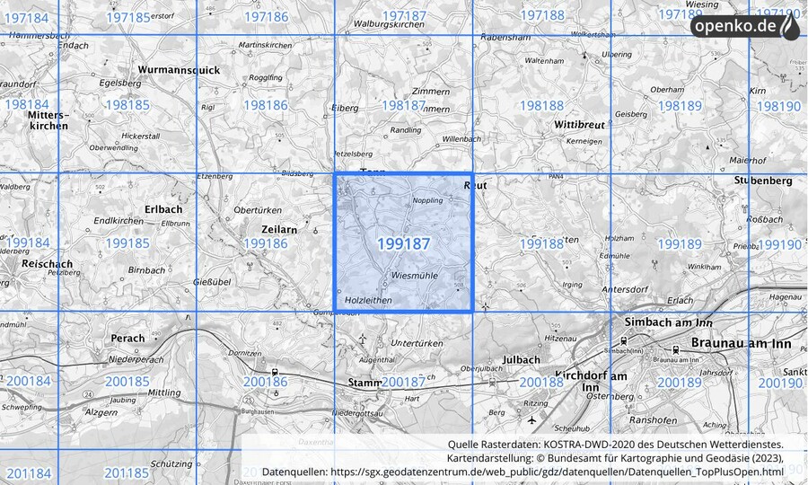 Übersichtskarte des KOSTRA-DWD-2020-Rasterfeldes Nr. 199187