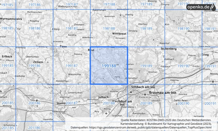 Übersichtskarte des KOSTRA-DWD-2020-Rasterfeldes Nr. 199188