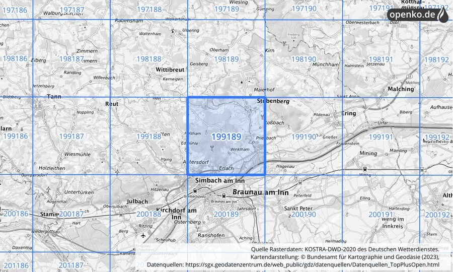 Übersichtskarte des KOSTRA-DWD-2020-Rasterfeldes Nr. 199189