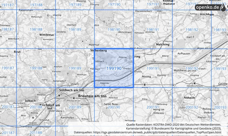 Übersichtskarte des KOSTRA-DWD-2020-Rasterfeldes Nr. 199190