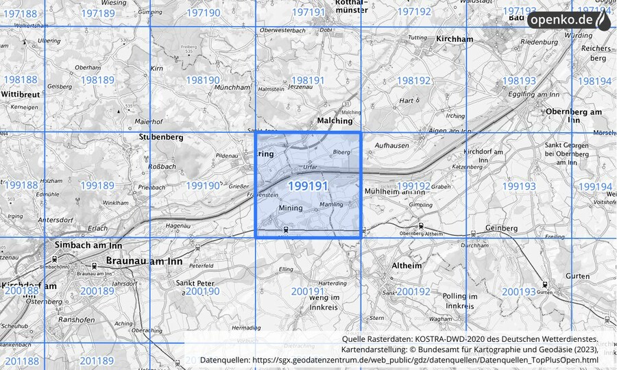 Übersichtskarte des KOSTRA-DWD-2020-Rasterfeldes Nr. 199191