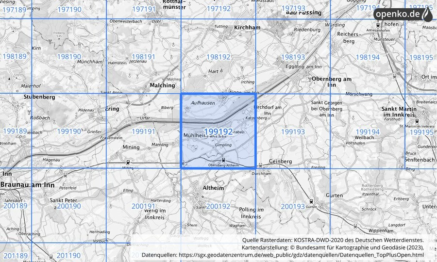 Übersichtskarte des KOSTRA-DWD-2020-Rasterfeldes Nr. 199192