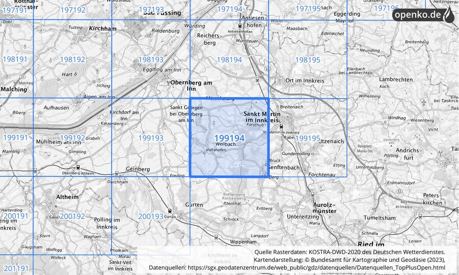 Übersichtskarte des KOSTRA-DWD-2020-Rasterfeldes Nr. 199194