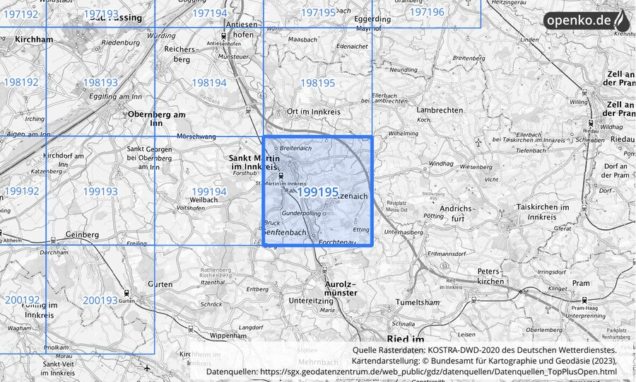 Übersichtskarte des KOSTRA-DWD-2020-Rasterfeldes Nr. 199195