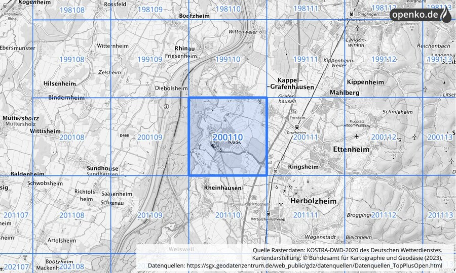 Übersichtskarte des KOSTRA-DWD-2020-Rasterfeldes Nr. 200110