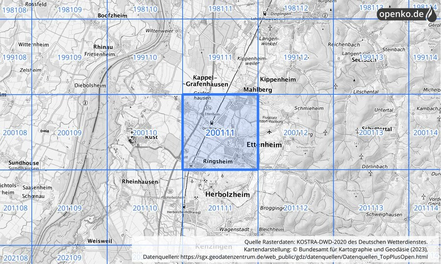 Übersichtskarte des KOSTRA-DWD-2020-Rasterfeldes Nr. 200111