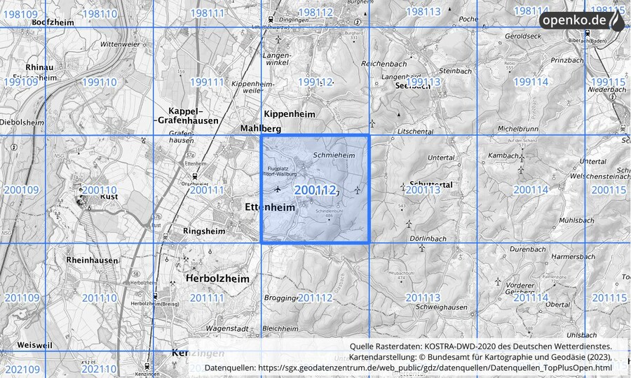 Übersichtskarte des KOSTRA-DWD-2020-Rasterfeldes Nr. 200112