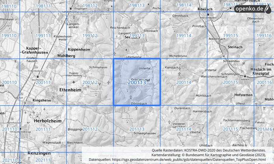 Übersichtskarte des KOSTRA-DWD-2020-Rasterfeldes Nr. 200113