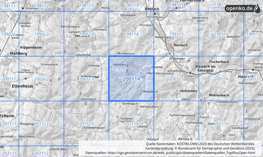 Übersichtskarte des KOSTRA-DWD-2020-Rasterfeldes Nr. 200114