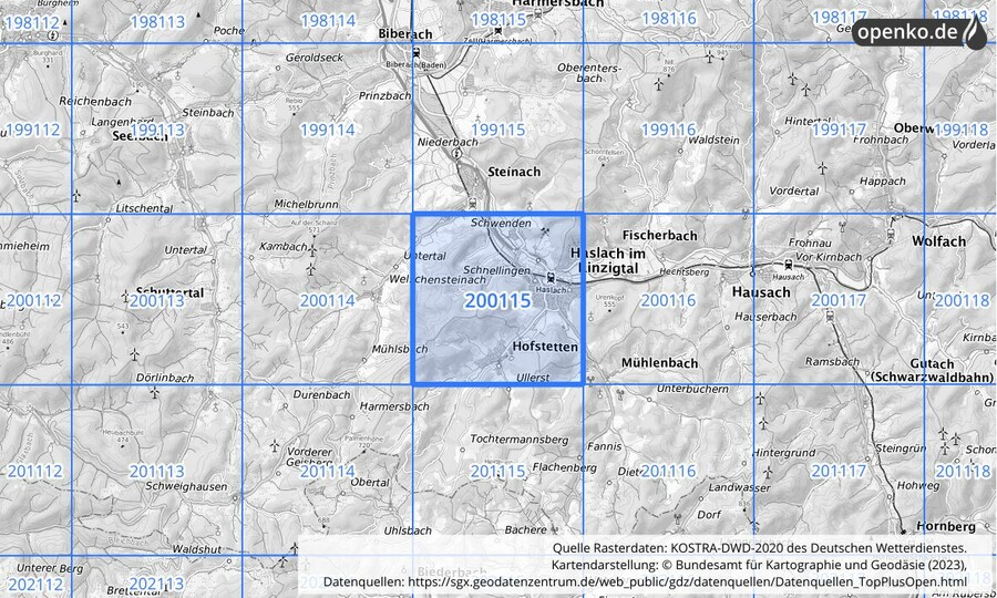 Übersichtskarte des KOSTRA-DWD-2020-Rasterfeldes Nr. 200115
