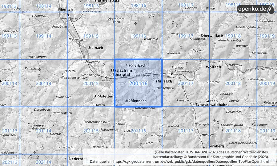 Übersichtskarte des KOSTRA-DWD-2020-Rasterfeldes Nr. 200116