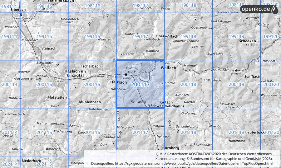 Übersichtskarte des KOSTRA-DWD-2020-Rasterfeldes Nr. 200117
