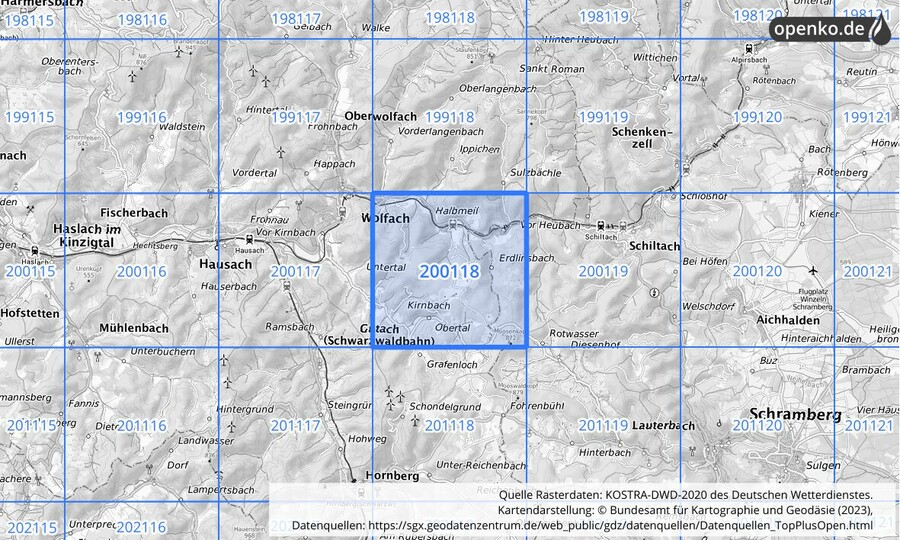 Übersichtskarte des KOSTRA-DWD-2020-Rasterfeldes Nr. 200118