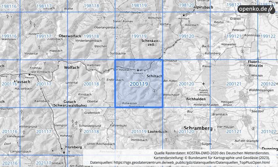 Übersichtskarte des KOSTRA-DWD-2020-Rasterfeldes Nr. 200119