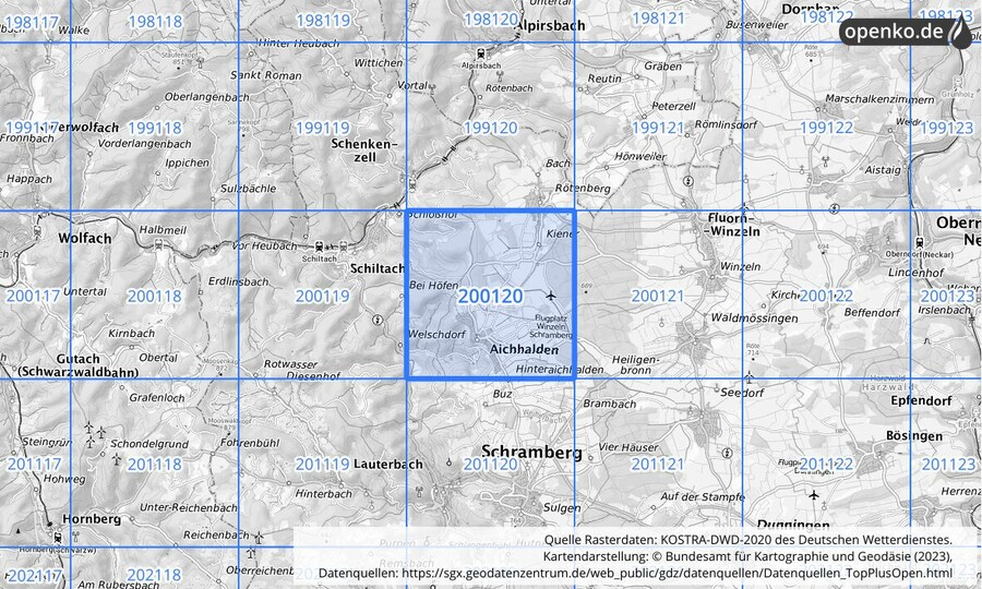 Übersichtskarte des KOSTRA-DWD-2020-Rasterfeldes Nr. 200120