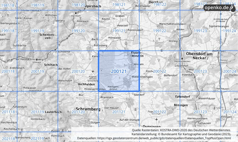 Übersichtskarte des KOSTRA-DWD-2020-Rasterfeldes Nr. 200121