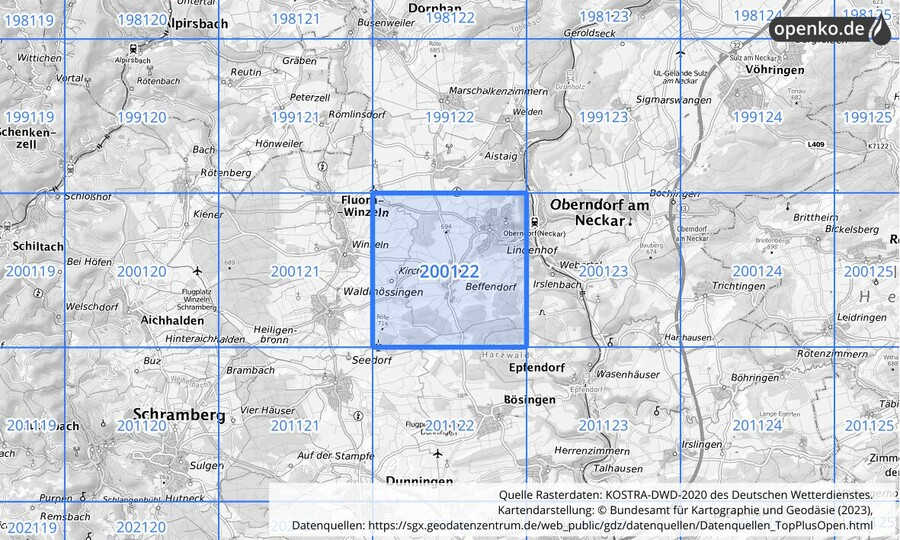 Übersichtskarte des KOSTRA-DWD-2020-Rasterfeldes Nr. 200122