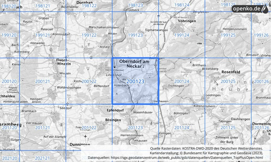 Übersichtskarte des KOSTRA-DWD-2020-Rasterfeldes Nr. 200123