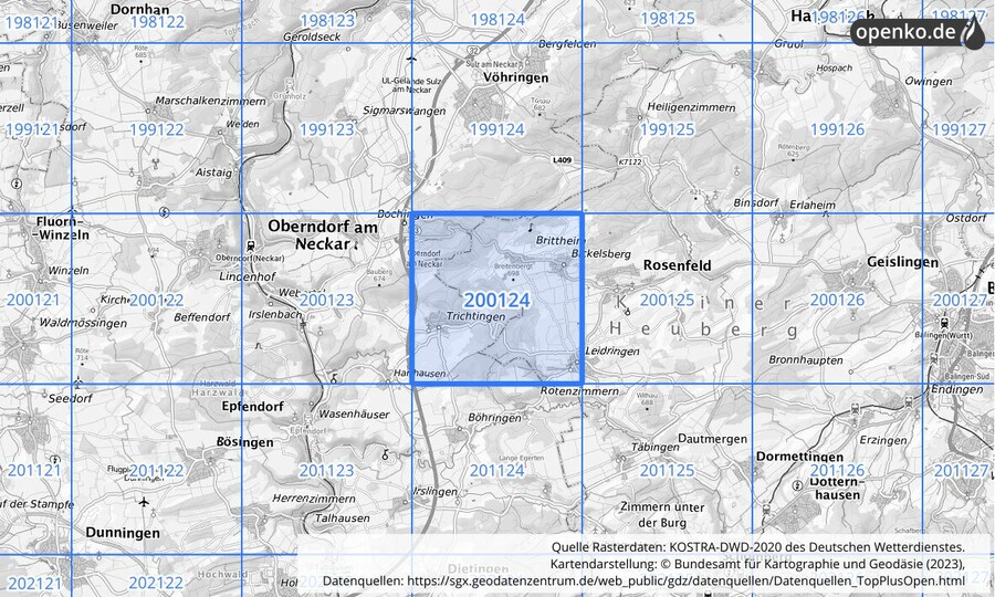 Übersichtskarte des KOSTRA-DWD-2020-Rasterfeldes Nr. 200124