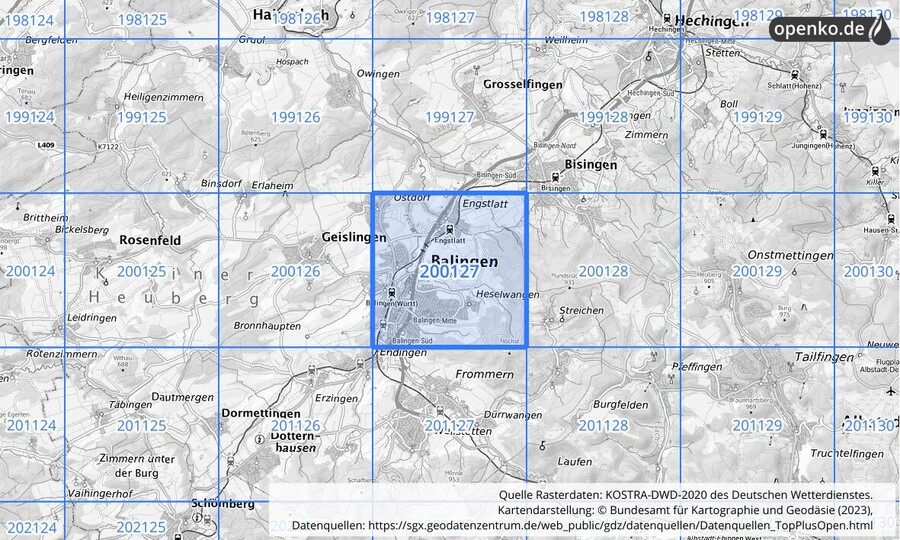 Übersichtskarte des KOSTRA-DWD-2020-Rasterfeldes Nr. 200127