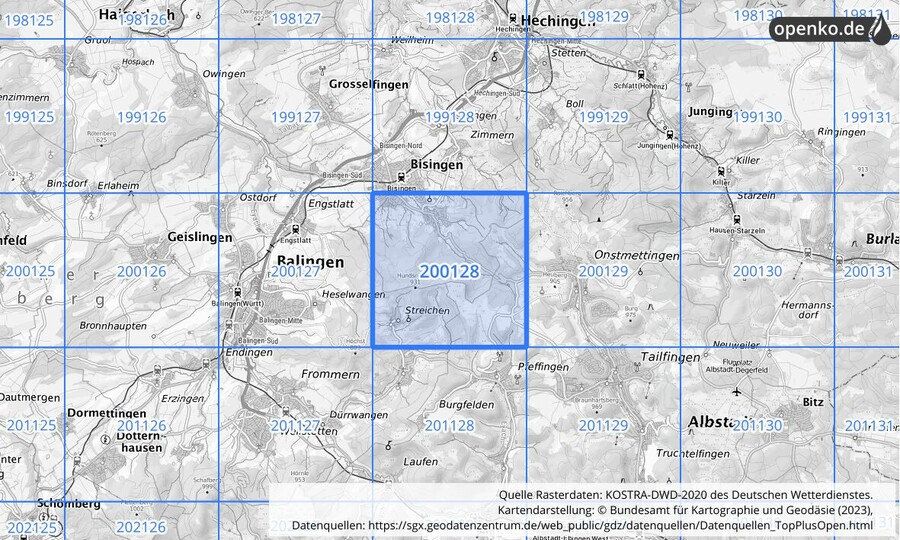 Übersichtskarte des KOSTRA-DWD-2020-Rasterfeldes Nr. 200128