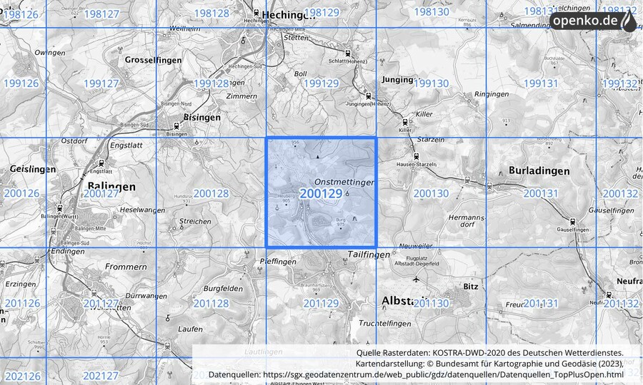 Übersichtskarte des KOSTRA-DWD-2020-Rasterfeldes Nr. 200129