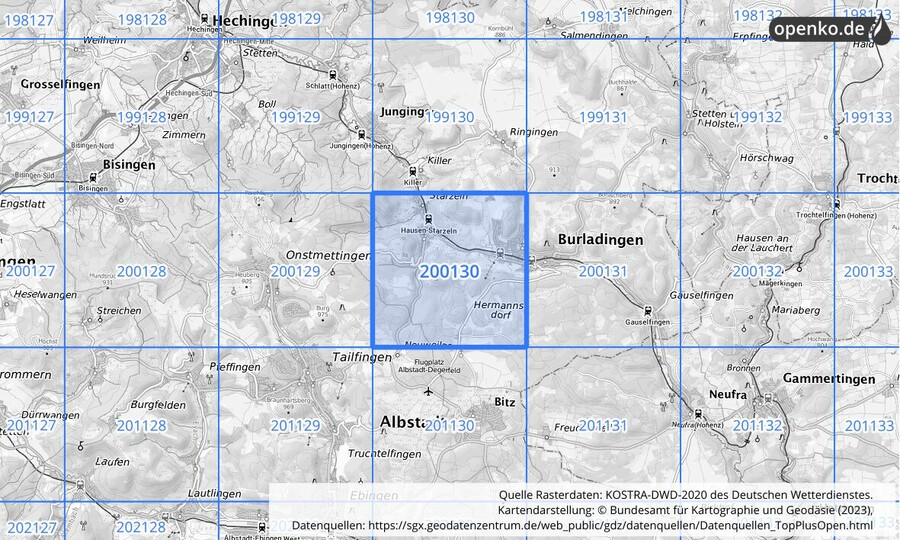 Übersichtskarte des KOSTRA-DWD-2020-Rasterfeldes Nr. 200130