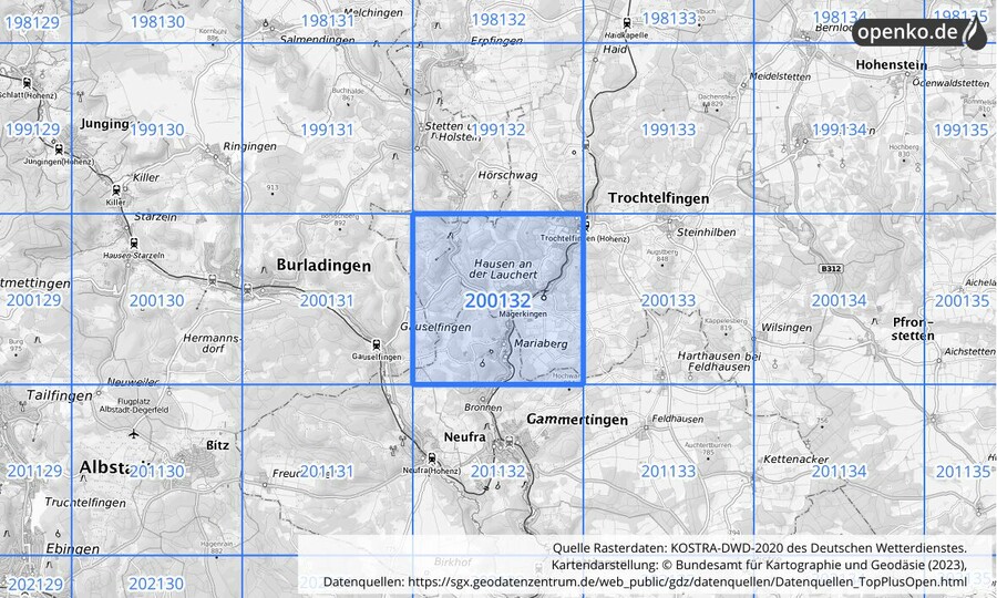 Übersichtskarte des KOSTRA-DWD-2020-Rasterfeldes Nr. 200132