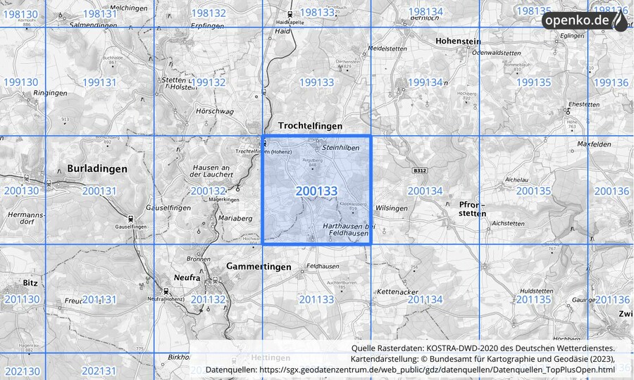 Übersichtskarte des KOSTRA-DWD-2020-Rasterfeldes Nr. 200133