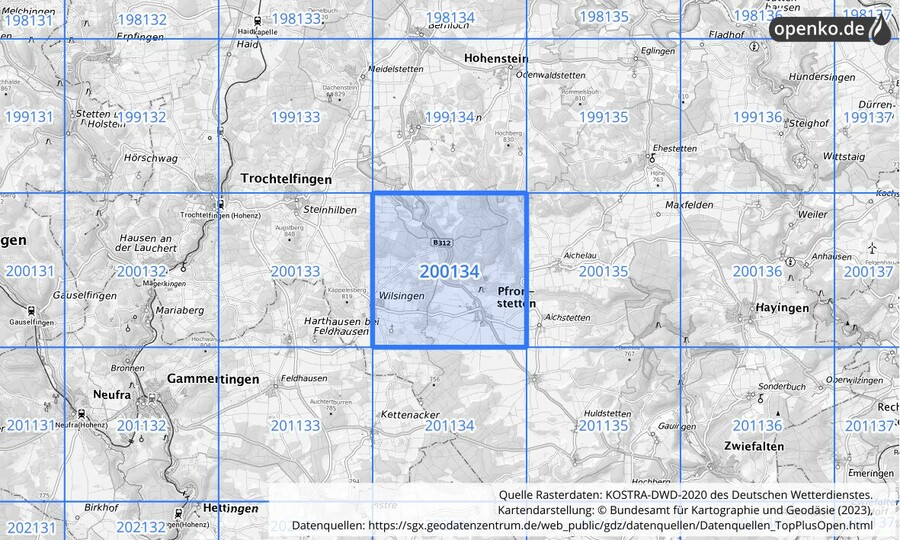 Übersichtskarte des KOSTRA-DWD-2020-Rasterfeldes Nr. 200134