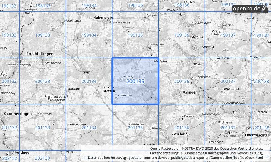 Übersichtskarte des KOSTRA-DWD-2020-Rasterfeldes Nr. 200135