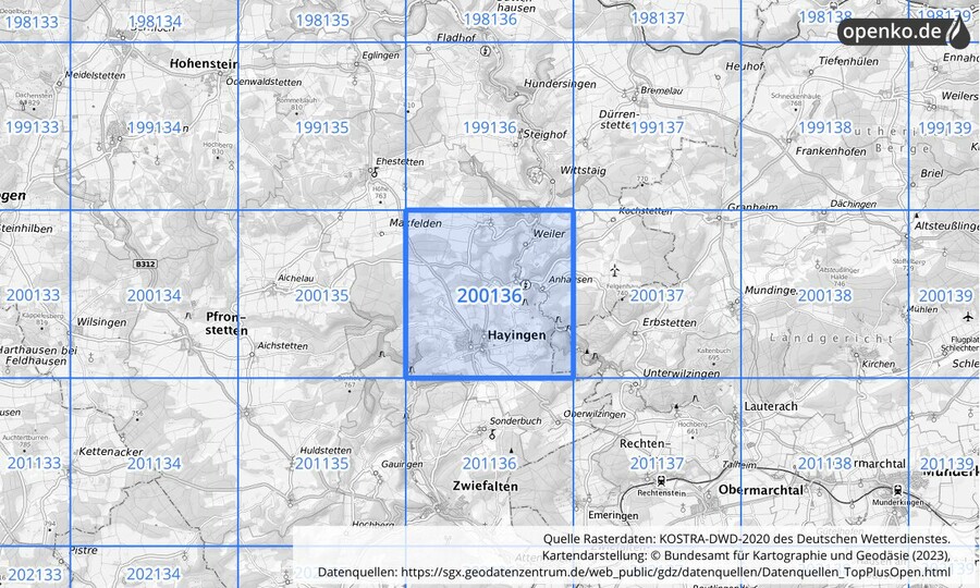 Übersichtskarte des KOSTRA-DWD-2020-Rasterfeldes Nr. 200136