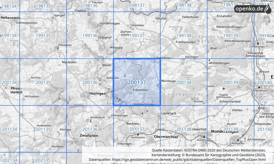 Übersichtskarte des KOSTRA-DWD-2020-Rasterfeldes Nr. 200137