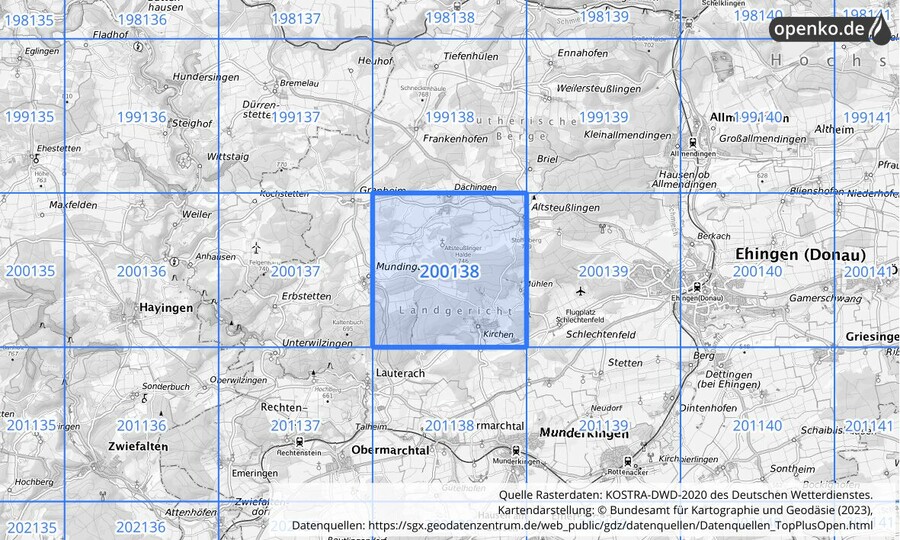 Übersichtskarte des KOSTRA-DWD-2020-Rasterfeldes Nr. 200138